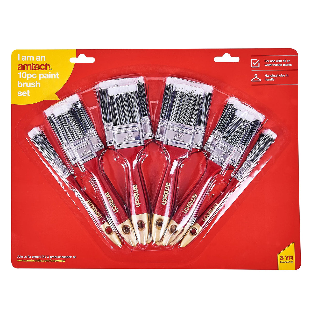 Amtech Paint Brush Set Multicoloured Assorted Pack of 10 S3940 | For Use with Oil or Water Based Paints | Hanging Holes in Handle