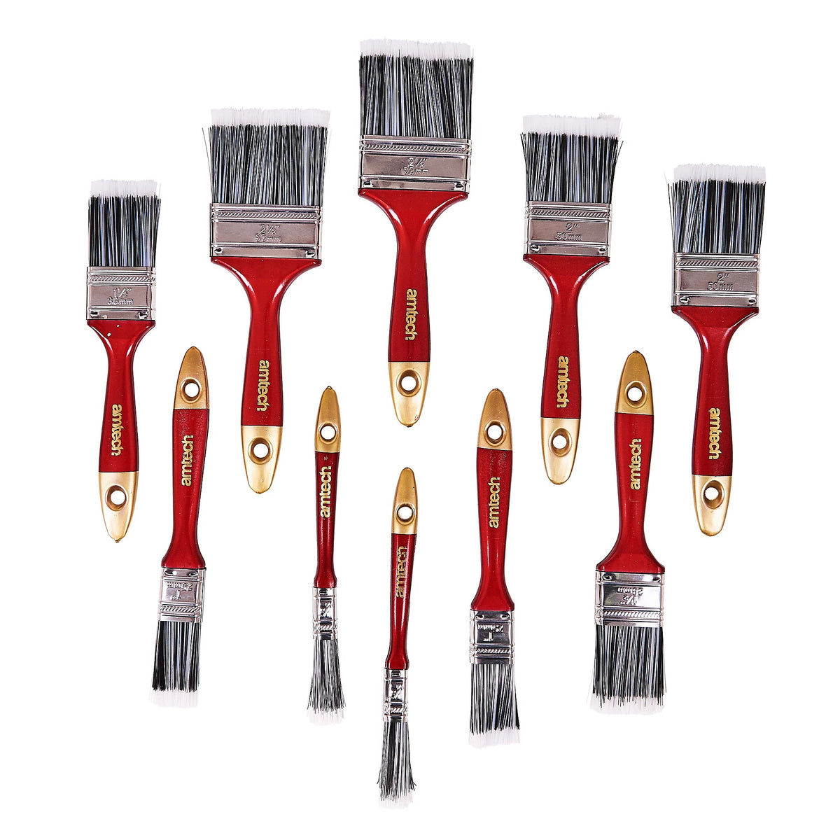 Amtech Paint Brush Set Multicoloured Assorted Pack of 10 S3940 | For Use with Oil or Water Based Paints | Hanging Holes in Handle