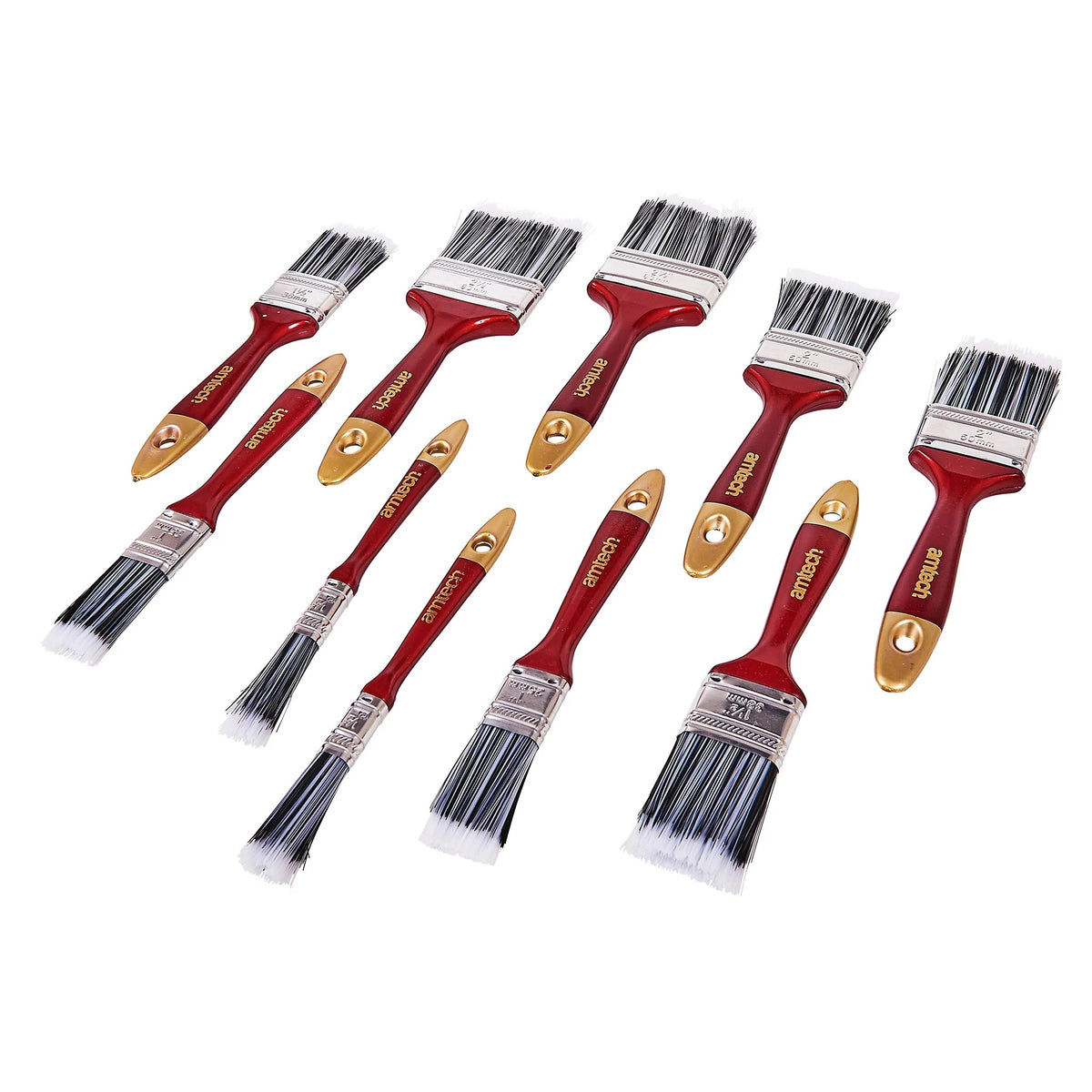 Amtech Paint Brush Set Multicoloured Assorted Pack of 10 S3940 | For Use with Oil or Water Based Paints | Hanging Holes in Handle