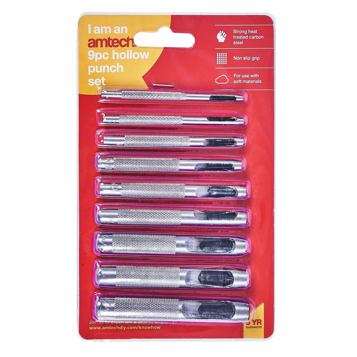 Amtech Hollow Punch Set Silver Set of 9 H1850 | Strong Heat Treated Carbon Steel | Non Slip Grip | For Use with Soft Materials