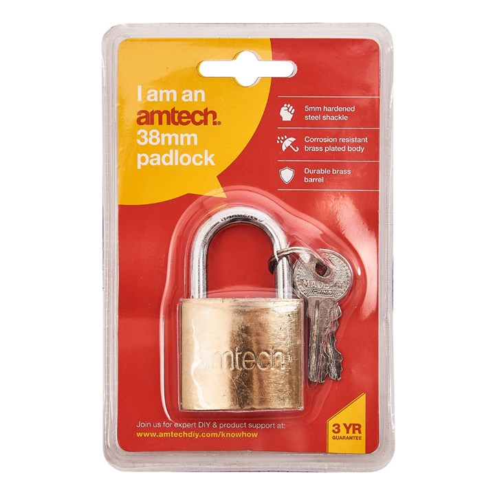 Amtech Security Padlock with Three Keys Brass 38mm XXSEL02 | 5mm Hardened Steel Shackle | Corrosion Resistant Brass Plated Body | Durable Brass Barrel