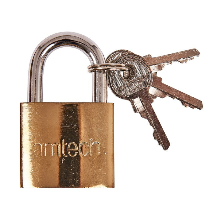 Amtech Security Padlock with Three Keys Brass 38mm XXSEL02 | 5mm Hardened Steel Shackle | Corrosion Resistant Brass Plated Body | Durable Brass Barrel