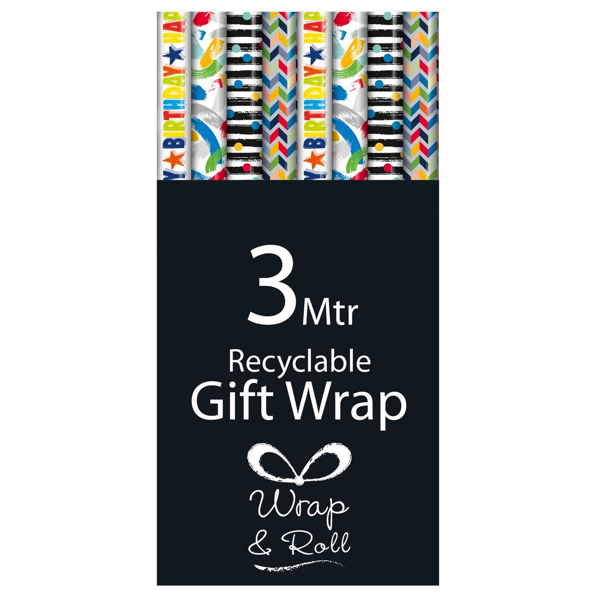 Wrap and Roll Recyclable Gift Wrap Multicoloured 3Mtr Pack of 42 30363GWC | Assorted Birthday Designs | Eco-Friendly Wrapping Paper