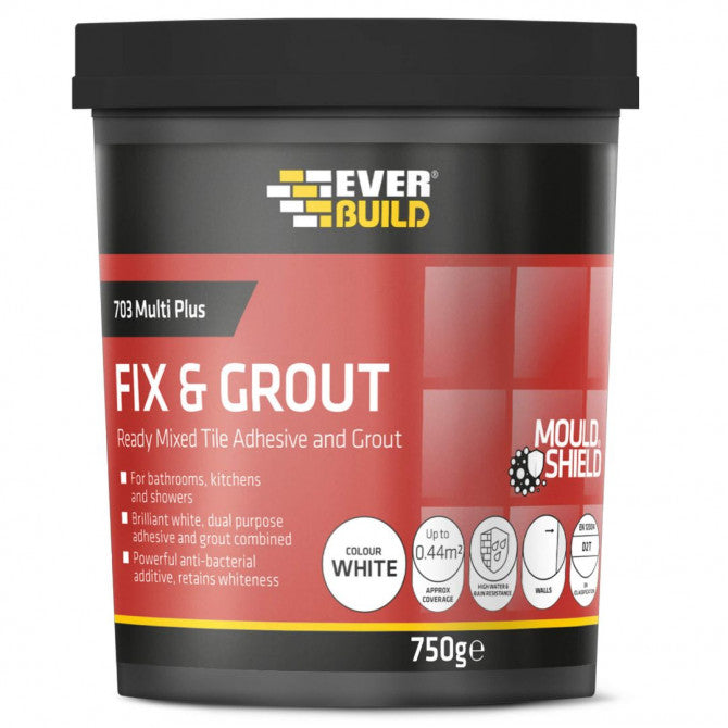 Everbuild 703 Dual-Purpose Ready Mixed Fix and Grout Tile Adhesive White 750g FIX005 | For Bathrooms-Kitchens and Showers