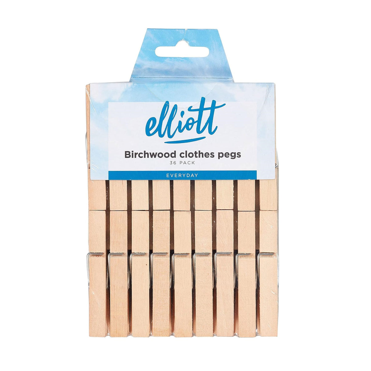 Elliott Birchwood Clothes Durable Wooden Pegs Brown 7.2cm x 1.2cm Pack of 36 ELCP0036 | Pegs with Stainless Steel Spring | Recyclable and Mark-Free | Ideal for Laundry Drying and Everyday Use