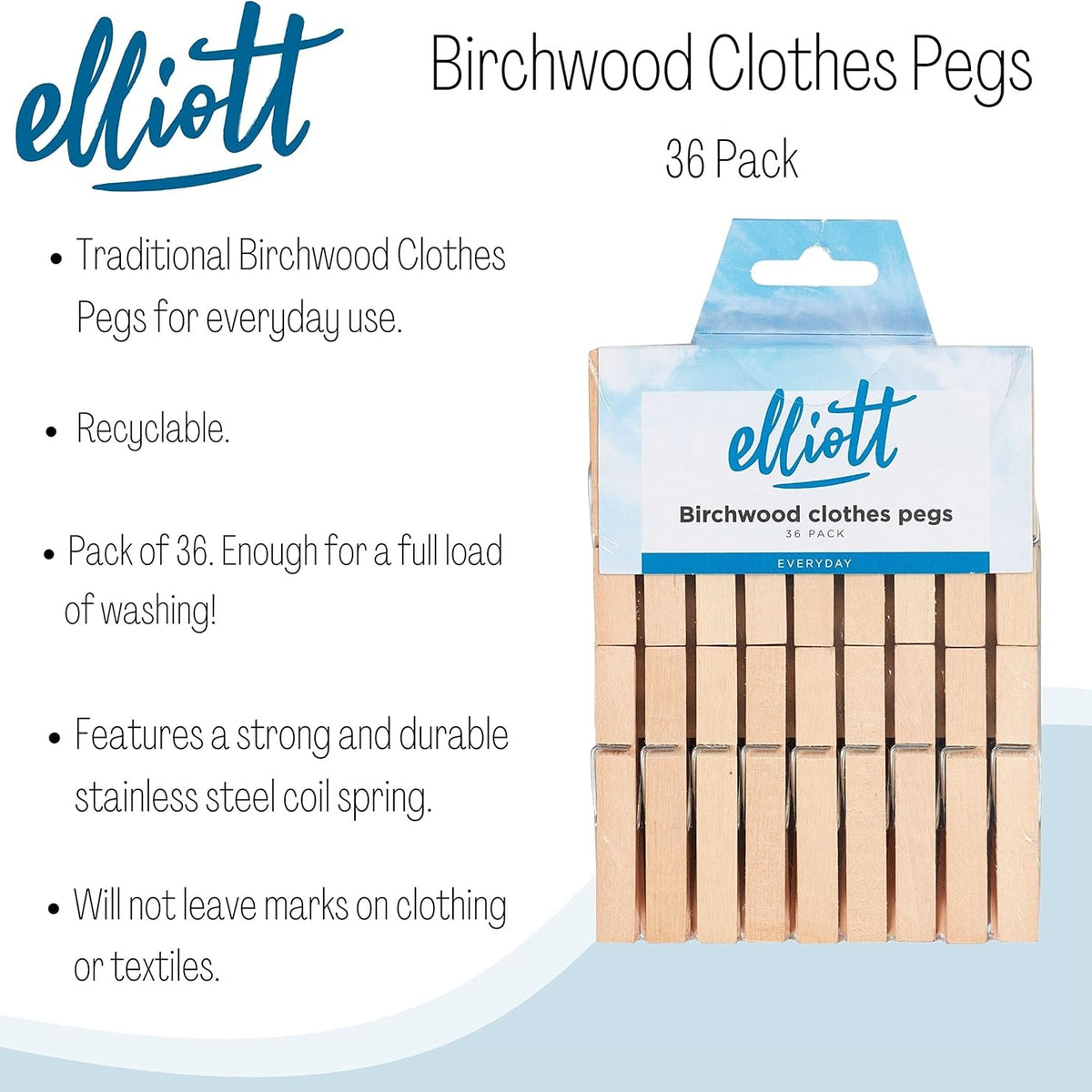 Elliott Birchwood Clothes Durable Wooden Pegs Brown 7.2cm x 1.2cm Pack of 36 ELCP0036 | Pegs with Stainless Steel Spring | Recyclable and Mark-Free | Ideal for Laundry Drying and Everyday Use