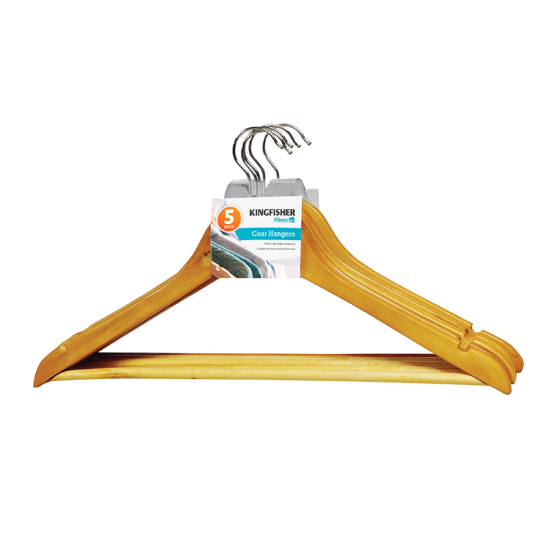 Kingfisher Wooden Coat Hangers with Notches and Bar Brown Pack of 5 123516 | Durable Clothes Hangers | Ideal for Jackets-Suits and Shirts | Made from Strong Hardwood