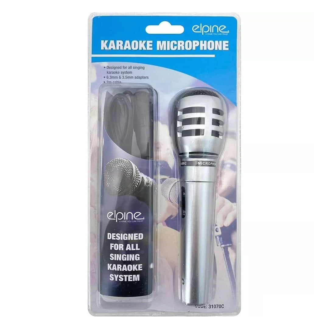 Elpine Karaoke Microphone Silver 31070C | Designed for all Singing Karaoke System | 6.3mm and 3.5mm Adapters | 2Mtr Cable