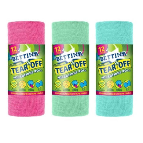Bettina Tear-Off Microfibre Roll Assorted Colours Pack of 12 B513 | Reusable Cleaning Cloths | Super Absorbent-Washable and Easy to Tear | Eco-Friendly Alternative to Paper Towels