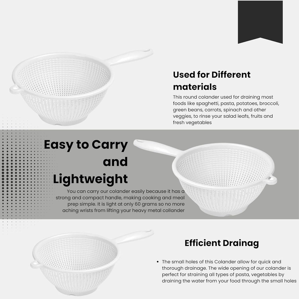 PlasticForte Draining Strainer with Handle White 24cm 12210AE | For Kitchen Use | Safe and Hygienic