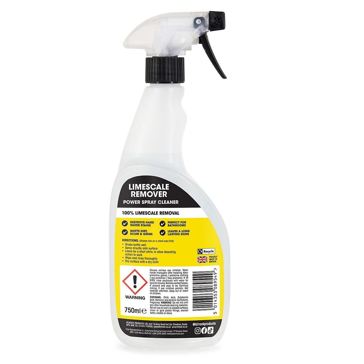 Kilrock Limescale Remover Power Spray Cleaner 750ml POWERSPRAY | Eliminates Hard Water Stains | Leaves a Lasting Shine | Powerful Rapid Action