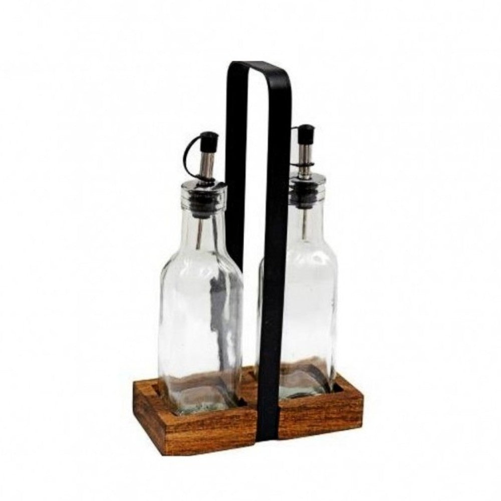 Sifcon Oil and Vinegar Bottles Set in Acacia Holder Clear 20cm x 24cm x 9cm Set of 2 KG3442