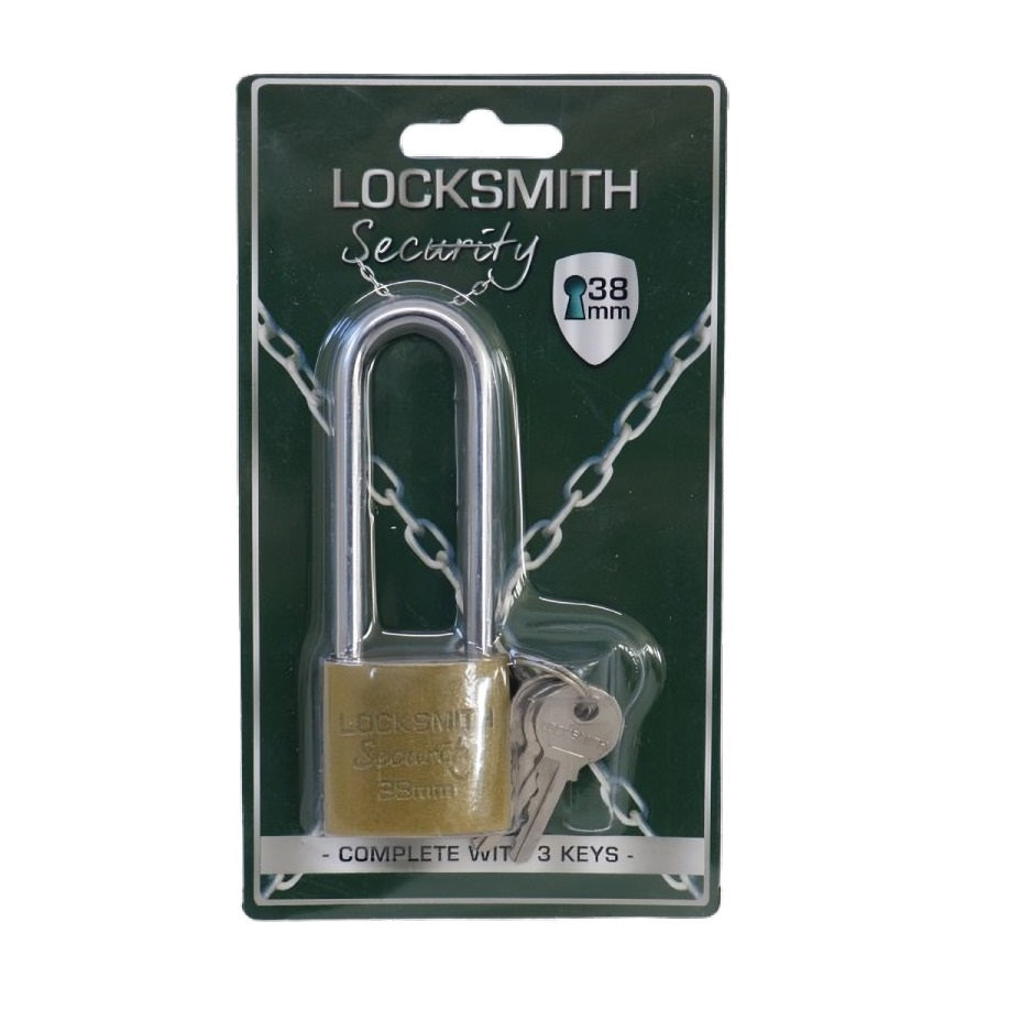 Locksmith Long Shackle Security Padlock Brass 38mm 38MMPLLS-NEW | Complete with 3 Keys