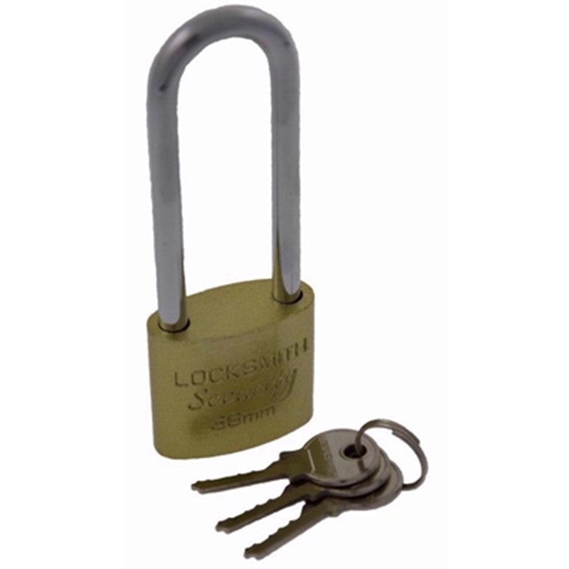 Locksmith Long Shackle Security Padlock Brass 38mm 38MMPLLS-NEW | Complete with 3 Keys