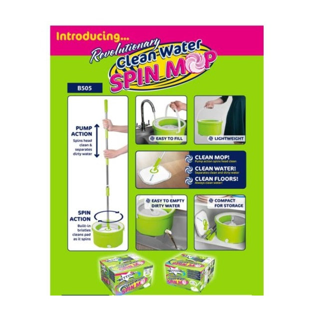 Bettina Clean Water Spin Mop with Bucket Green and White B505 | Self-Cleaning Mop System | 2 Mop Pads Included | Lightweight and Easy to Use | Compact for Storage
