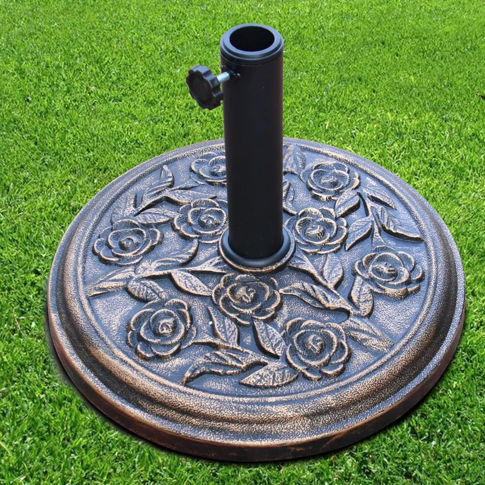 Redwood Decorative Heavy-Duty Cast Iron Floral Design Garden Parasol Base Bronze 45.5cm x 32.5cm 9Kg UB105 | Weather-Resistant | Secure Umbrella Stand | Suitable for Parasols with Pole Diameter 38-48mm | Iron Tube 5.7cm x 27cm