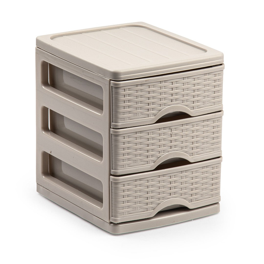 Plasticforte 3-Tier Rattan Storage Sliding Drawer Unit Beige 7cm x 13.5cm x 17cm 117167H | Organizer for Home-Office and Bedroom