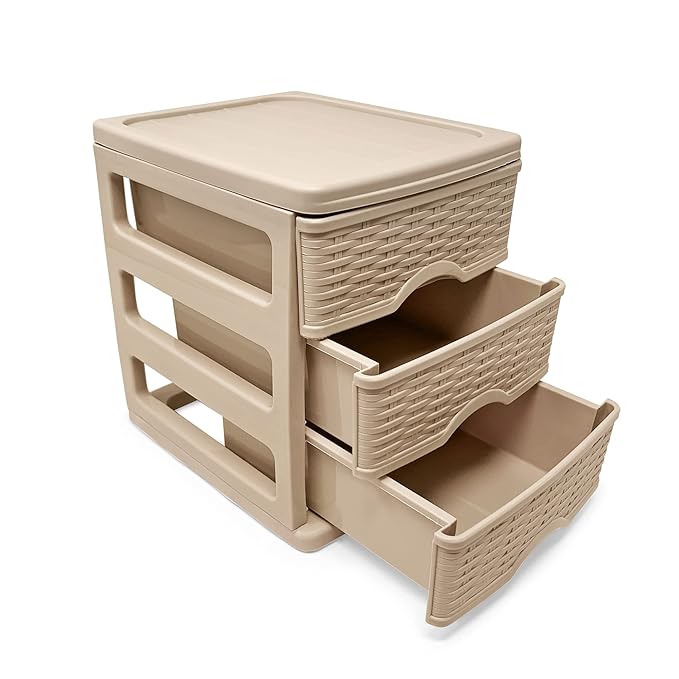 Plasticforte 3-Tier Rattan Storage Sliding Drawer Unit Beige 7cm x 13.5cm x 17cm 117167H | Organizer for Home-Office and Bedroom