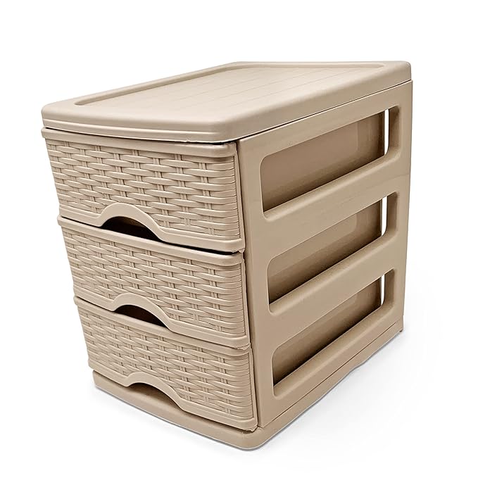 Plasticforte 3-Tier Rattan Storage Sliding Drawer Unit Beige 7cm x 13.5cm x 17cm 117167H | Organizer for Home-Office and Bedroom