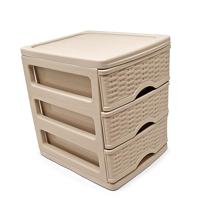 Plasticforte 3-Tier Rattan Storage Sliding Drawer Unit Beige 7cm x 13.5cm x 17cm 117167H | Organizer for Home-Office and Bedroom
