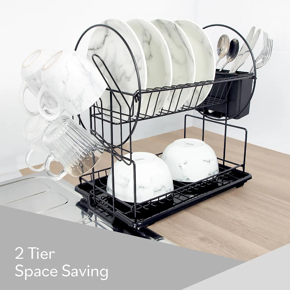 Anika 2-Tier Dish Drainer Black 23.5cm x 46cm x 36cm 69159 | Protects Surfaces from Moisture | Dual Tier Space Saving