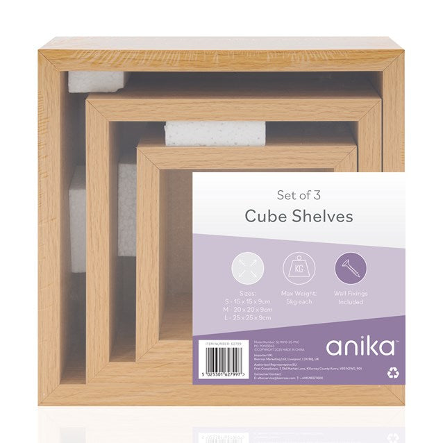 Anika Floating Cube Shelves Oak 62799 | Max Weight 5Kg Each | Wall Fixings Included