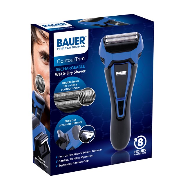 Bauer Rechargeable Wet and Dry Contour Shaver Black and Blue 39169 | Double Heads Close Contour Shave | Pop-Up Precision Side Burn Trimmer | Charging Time Upto 8Hr | Cordless or Corded Operation | Cleaning Brush and Oil Included