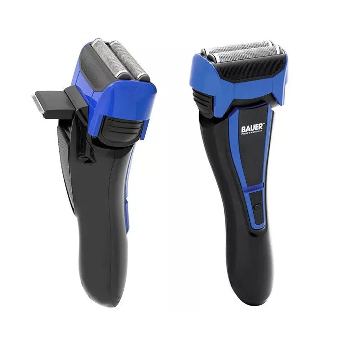 Bauer Rechargeable Wet and Dry Contour Shaver Black and Blue 39169 | Double Heads Close Contour Shave | Pop-Up Precision Side Burn Trimmer | Charging Time Upto 8Hr | Cordless or Corded Operation | Cleaning Brush and Oil Included
