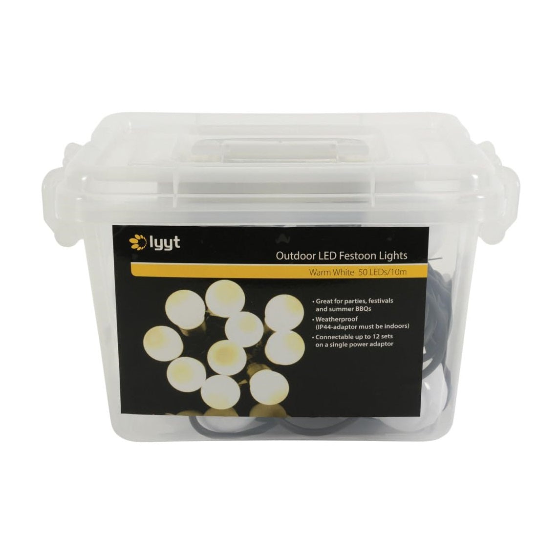 Lyyt Outdoor LED Festoon Lights Warm White 10Mtr Pack of 10 880g 155.680UK | Weatherproof String | Lights for Garden-Parties and Events | Connectable Up to 12 Sets | IP44 Rated Adapter | Durable and Energy Efficient | Power Cable Length - 5.2Mtr