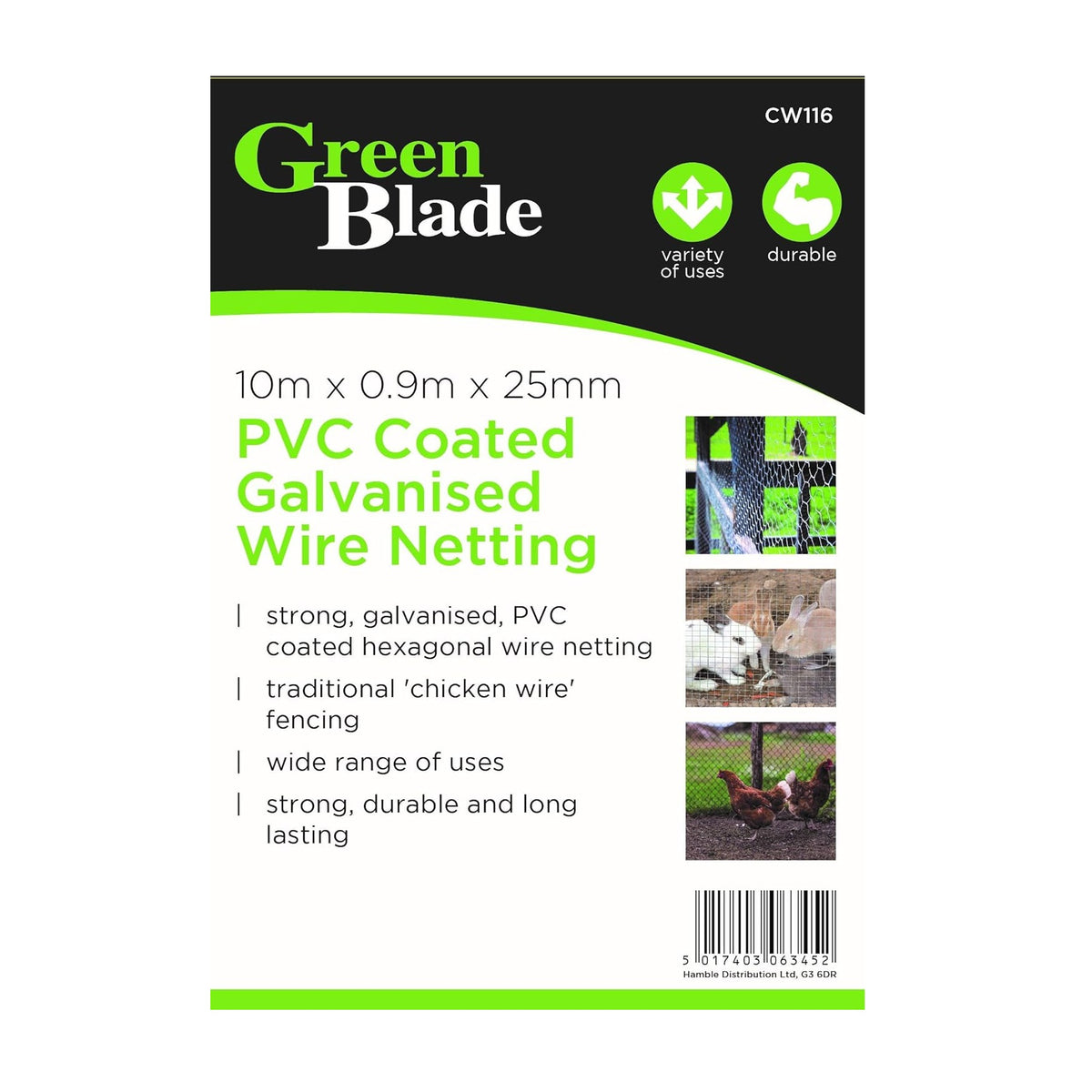 Green Blade PVC Coated Galvanised Wire Netting Green 10Mtr x 0.9Mtr x 25mm CW116 | Durable Hexagonal Mesh Fencing for Gardens-Poultry and DIY Projects | Rust-resistant for Outdoor Use