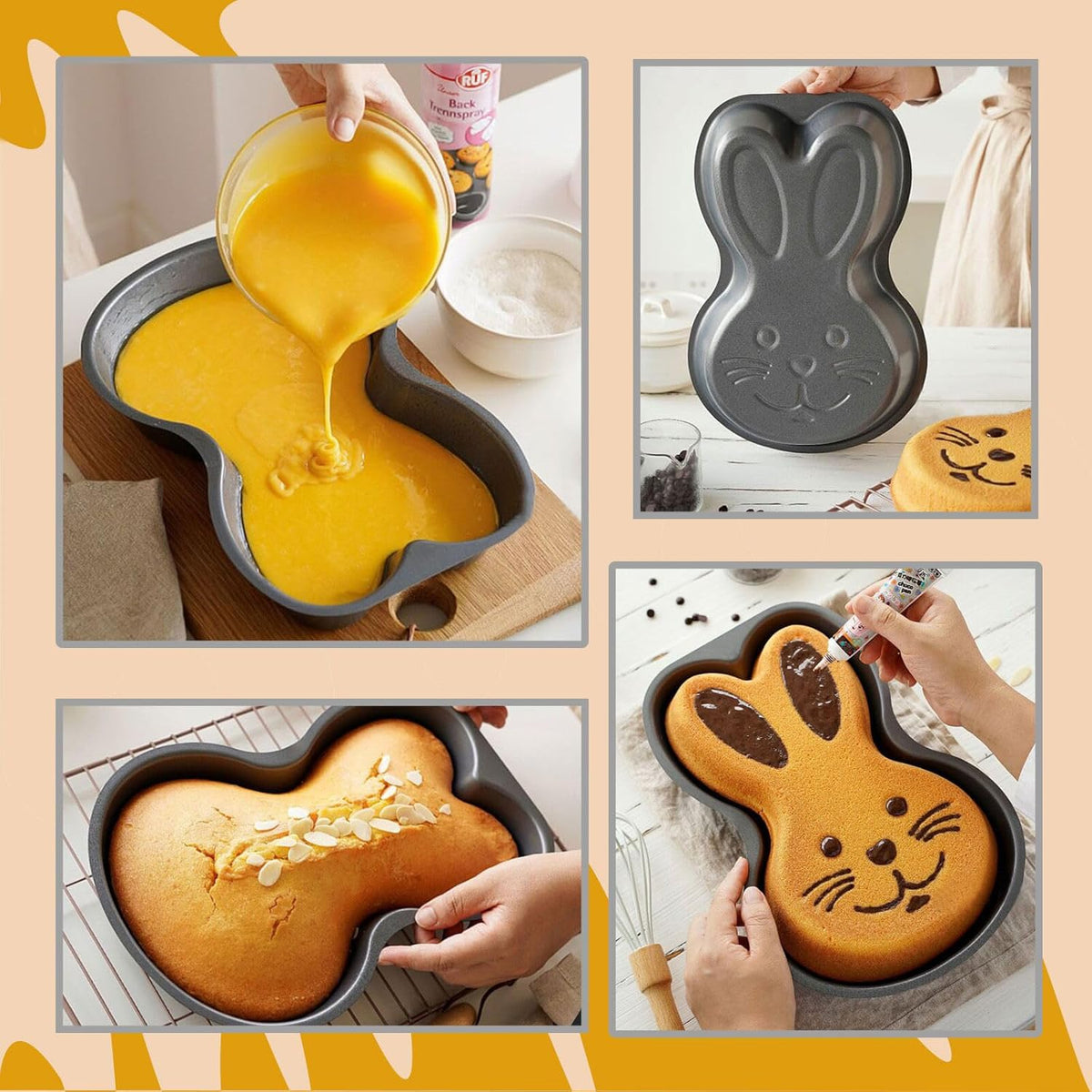 Happy Easter La Cucina Non-Stick Easter Bunny Cake Tin Black 25cm x 18cm x 4.5cm 170491470 | Rabbit-Shaped Baking Mold | For Festive Cakes and Desserts