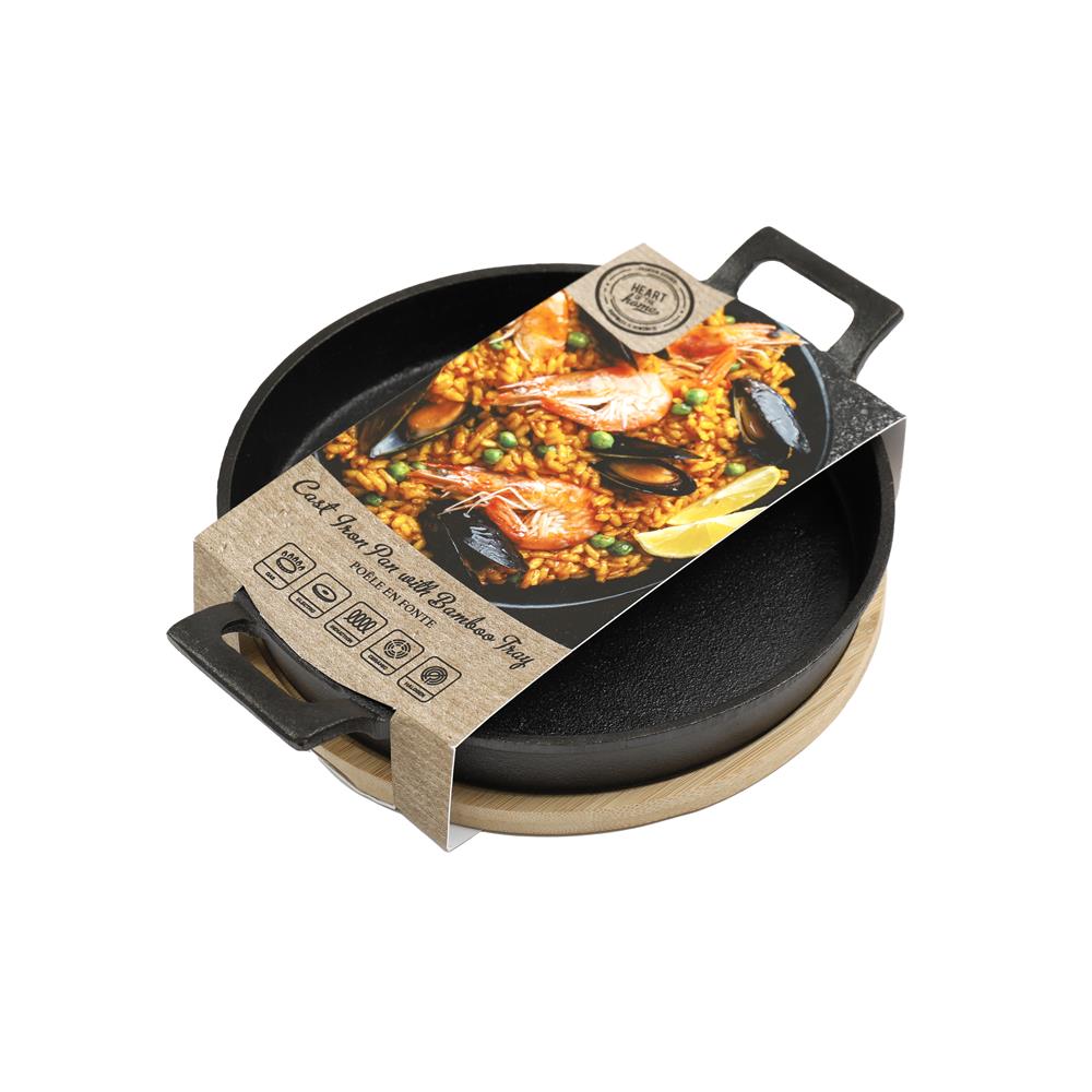 Sifcon Cast Iron Pan with Bamboo Tray Black 25cm x 20cm x 6cm KG3315