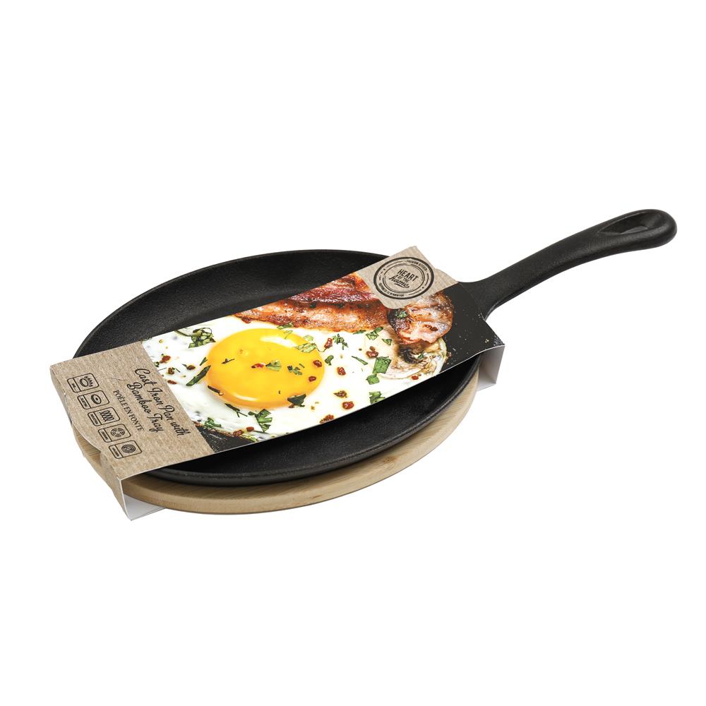 Sifcon Cast Iron Pan with Bamboo Tray Black 28cm x 14cm x 3cm KG3316