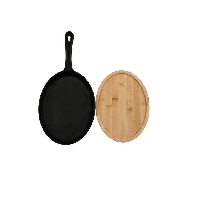 Sifcon Cast Iron Pan with Bamboo Tray Black 28cm x 14cm x 3cm KG3316