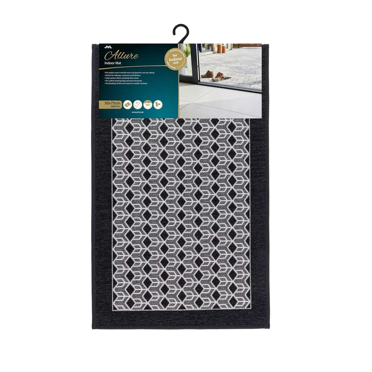 Allure Geometric Pattern Woven Chenille Heavy-Duty Indoor Doormat Black and Grey 50cm x 75cm 01-333 | Non-Slip Rubber Backing Mat | Dirt and Moisture Absorbent | Perfect for Hallways and Kitchens | Keeps Floors Clean | Wrinkle-resistant