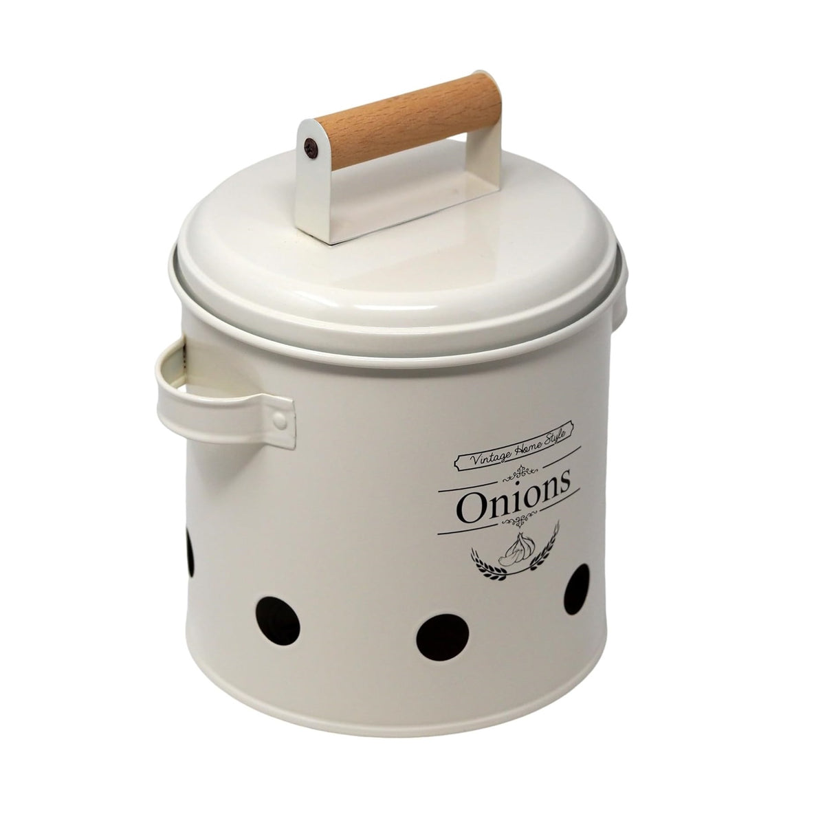 SiL Vintage Metal Onion Storage Canister with Lid Cream White 138mm x 165mm x 138mm 414g KG3550 | Ventilated Design for Freshness | Rustic Kitchen Countertop Organizer