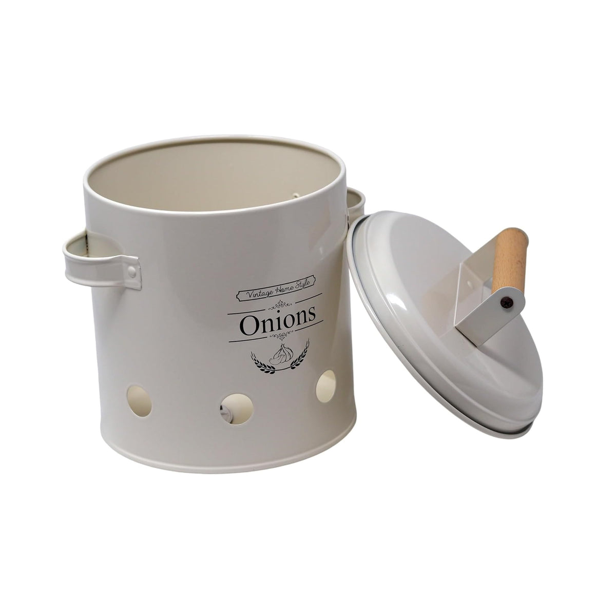 SiL Vintage Metal Onion Storage Canister with Lid Cream White 138mm x 165mm x 138mm 414g KG3550 | Ventilated Design for Freshness | Rustic Kitchen Countertop Organizer