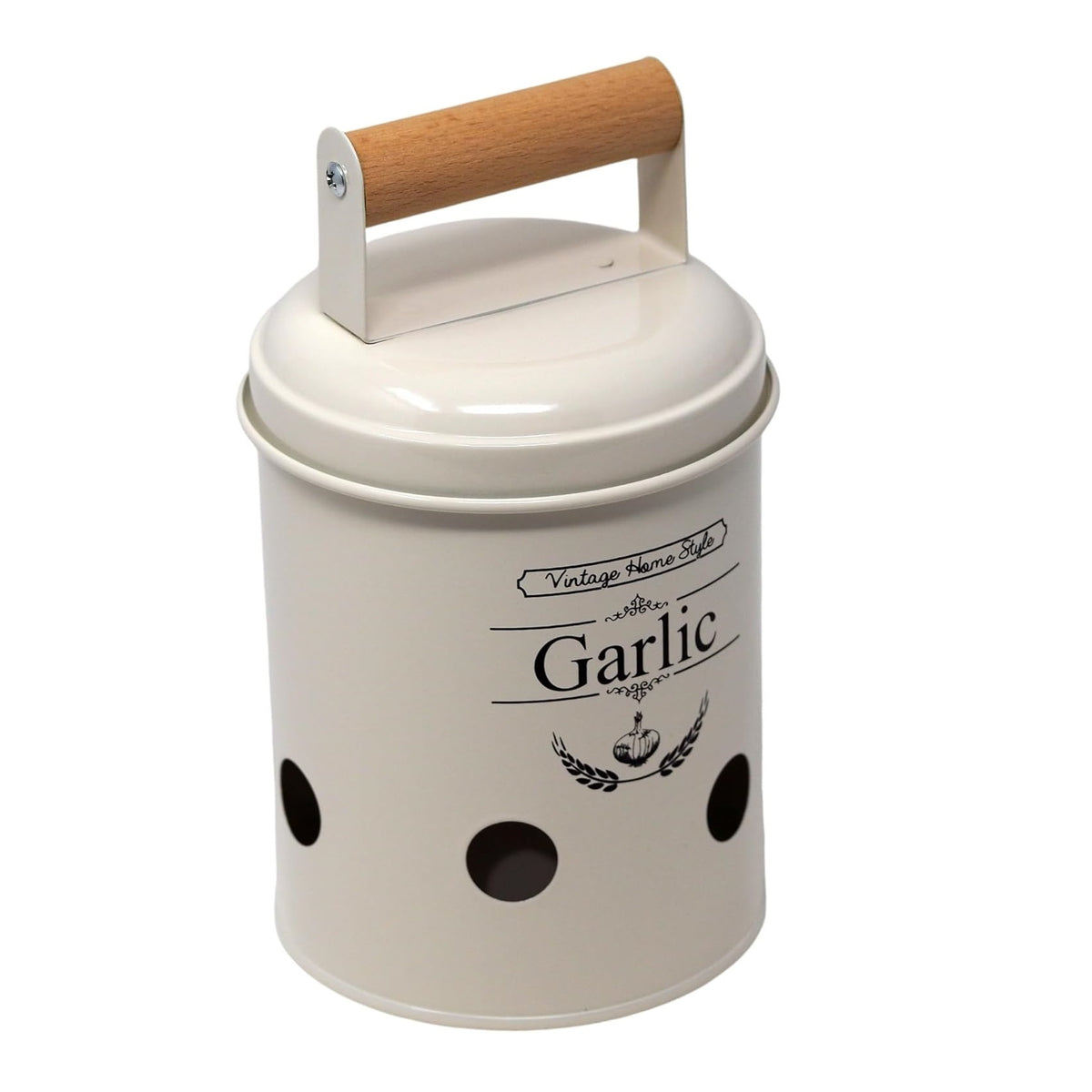 SiL Vintage Metal Garlic Storage Canister with Lid Cream White 110mm x 140mm x 110mm 239g KG3551 | Ventilated Design for Freshness | Rustic Kitchen Countertop Organizer