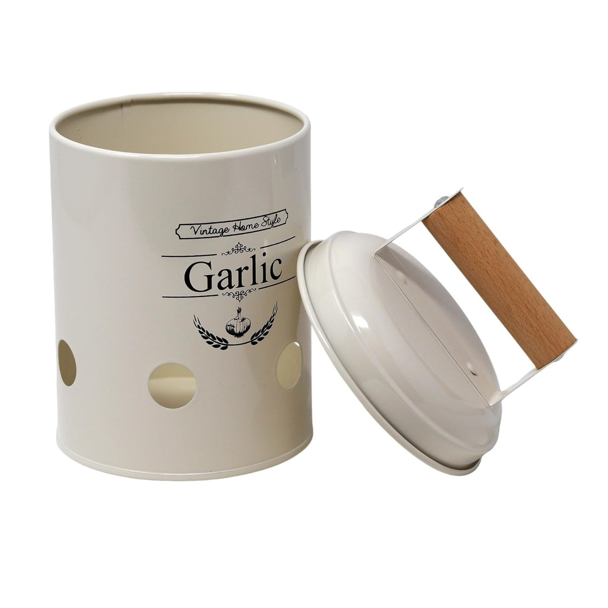 SiL Vintage Metal Garlic Storage Canister with Lid Cream White 110mm x 140mm x 110mm 239g KG3551 | Ventilated Design for Freshness | Rustic Kitchen Countertop Organizer