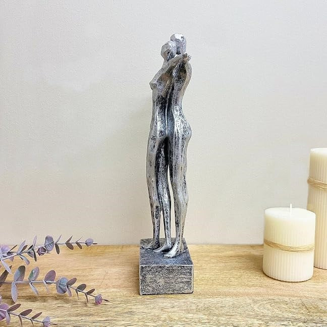 SiL Couple Stautue Ornament Silver 25cm x 8cm x 35cm OR2111 | Made of Polyresin | Elegant Modern Art Figurine | For Home and Office Decor
