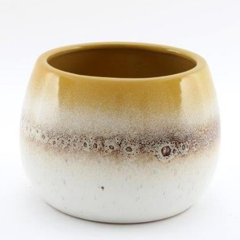 SiL Two-Tone Glazed Ceramic Planter Pot White and Mustard Yellow 17cm x 12cm AB0045 | Indoor Plant Pot for Home and Office Decor