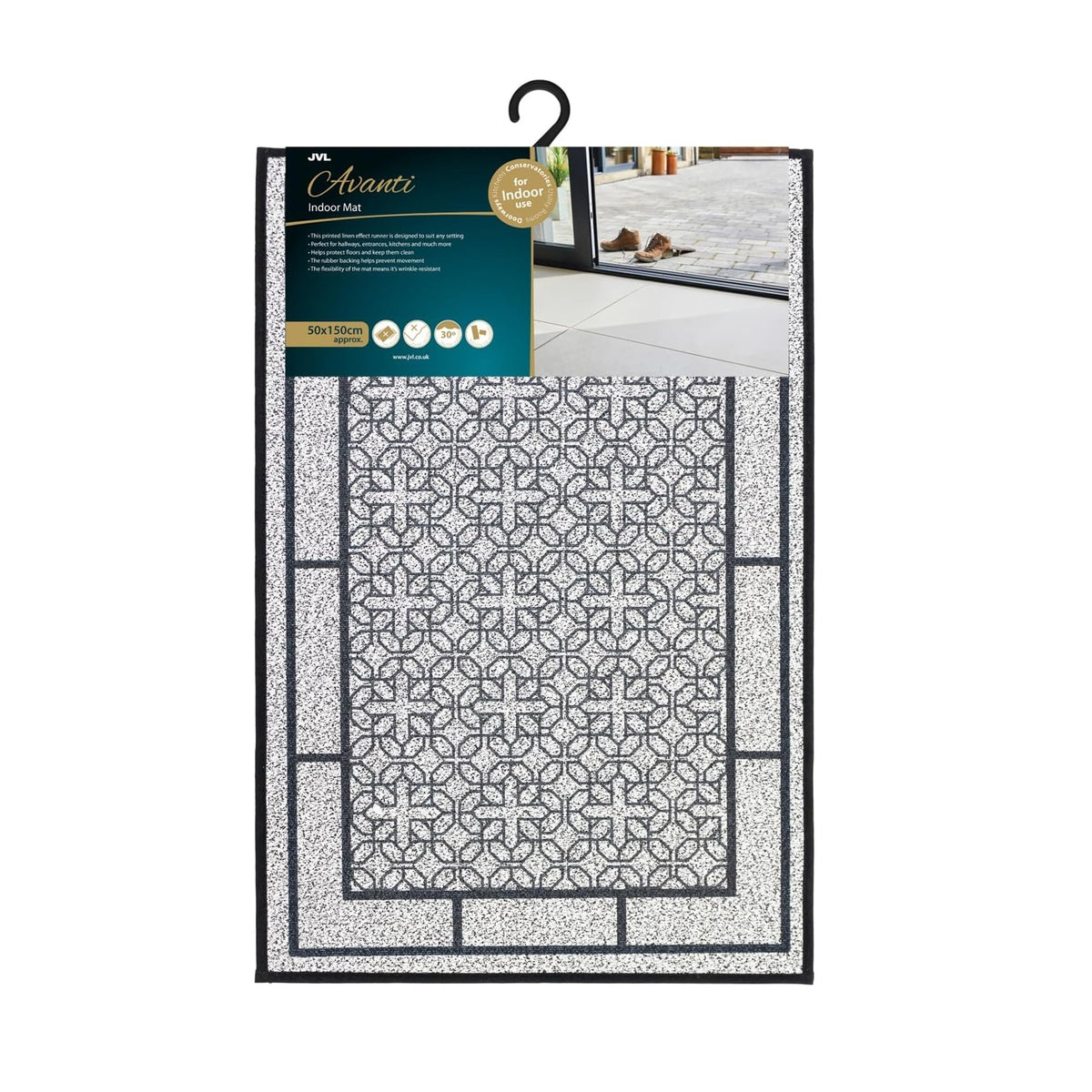 Avanti Printed Linen Effect Pattern Heavy-Duty Indoor Doormat Black and Grey 50cm x 75cm 01-337 | Non-Slip Rubber Backing Mat | Dirt and Moisture Absorbent | Perfect for Hallways and Kitchens | Keeps Floors Clean | Wrinkle-resistant
