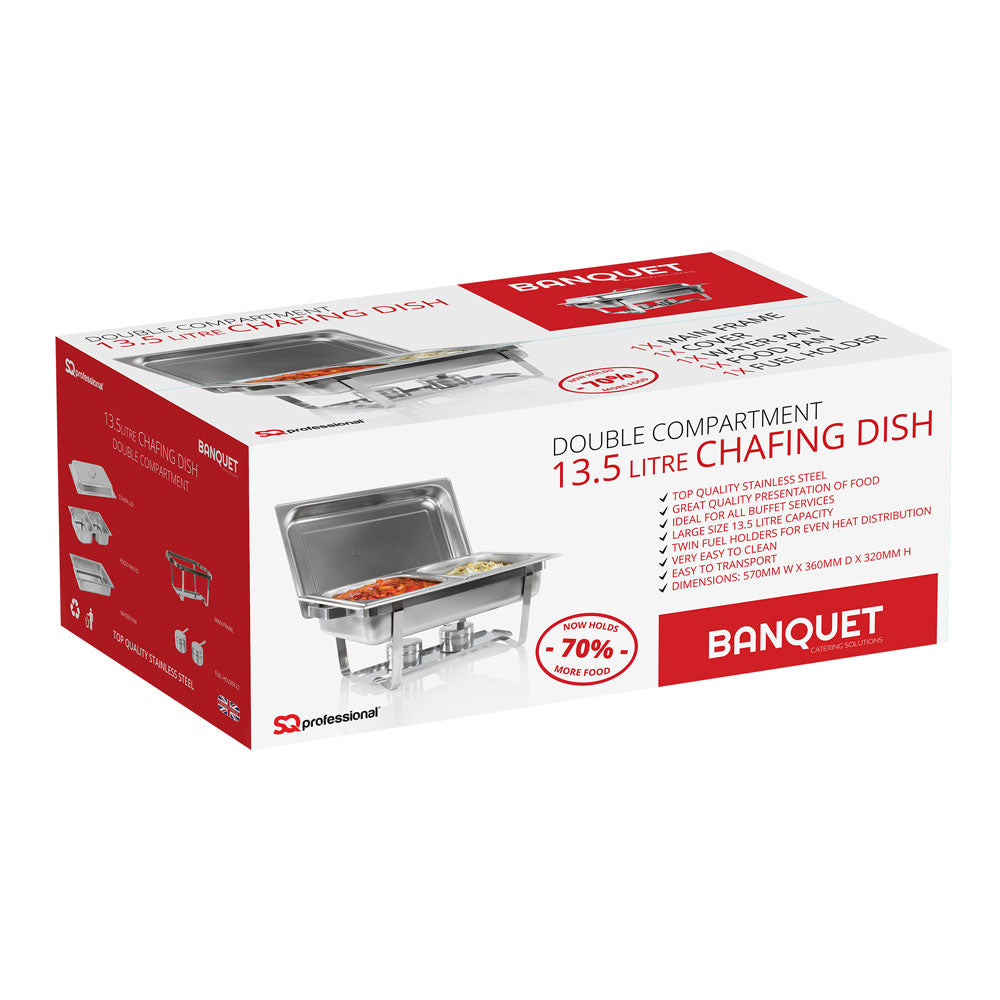 SQ Professional Banquet Double Compartment Chafing Dish Chrome 570mm x 360mm x 320mm 13.5Ltr 1461 | High Quality Stainless Steel | Ideal for all Buffet Services | Twin Fuel Holders for Even Heat Distribution | Easy to Clean | Effortless to Transport