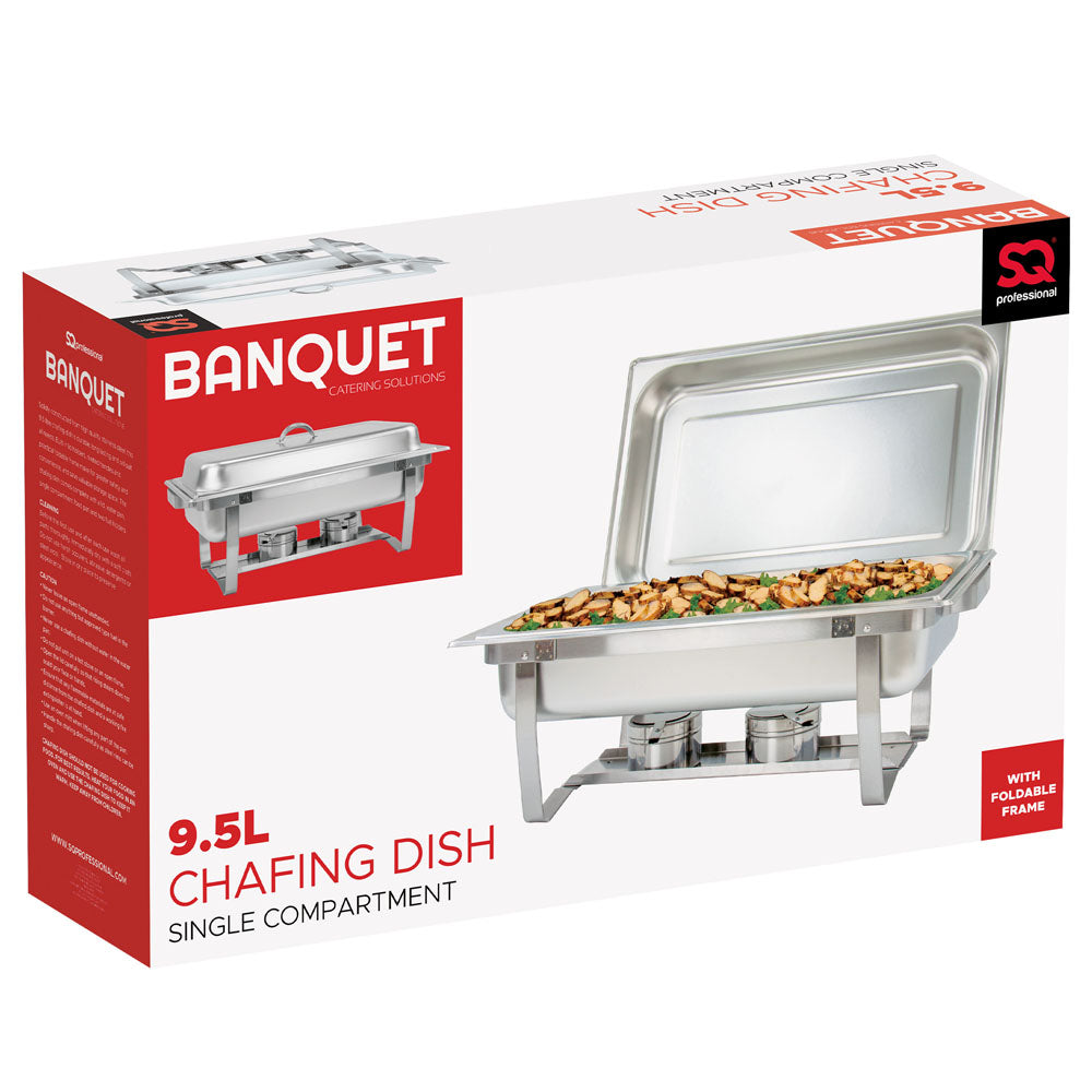 SQ Professional Banquet Single Compartment Chafing Dish Chrome 600mm x 350mm x 320mm 9.5Ltr 1465 | High Quality Stainless Steel | Ideal for Buffet Services | Twin Fuel Holders | Easy to Clean | Easy to Transport