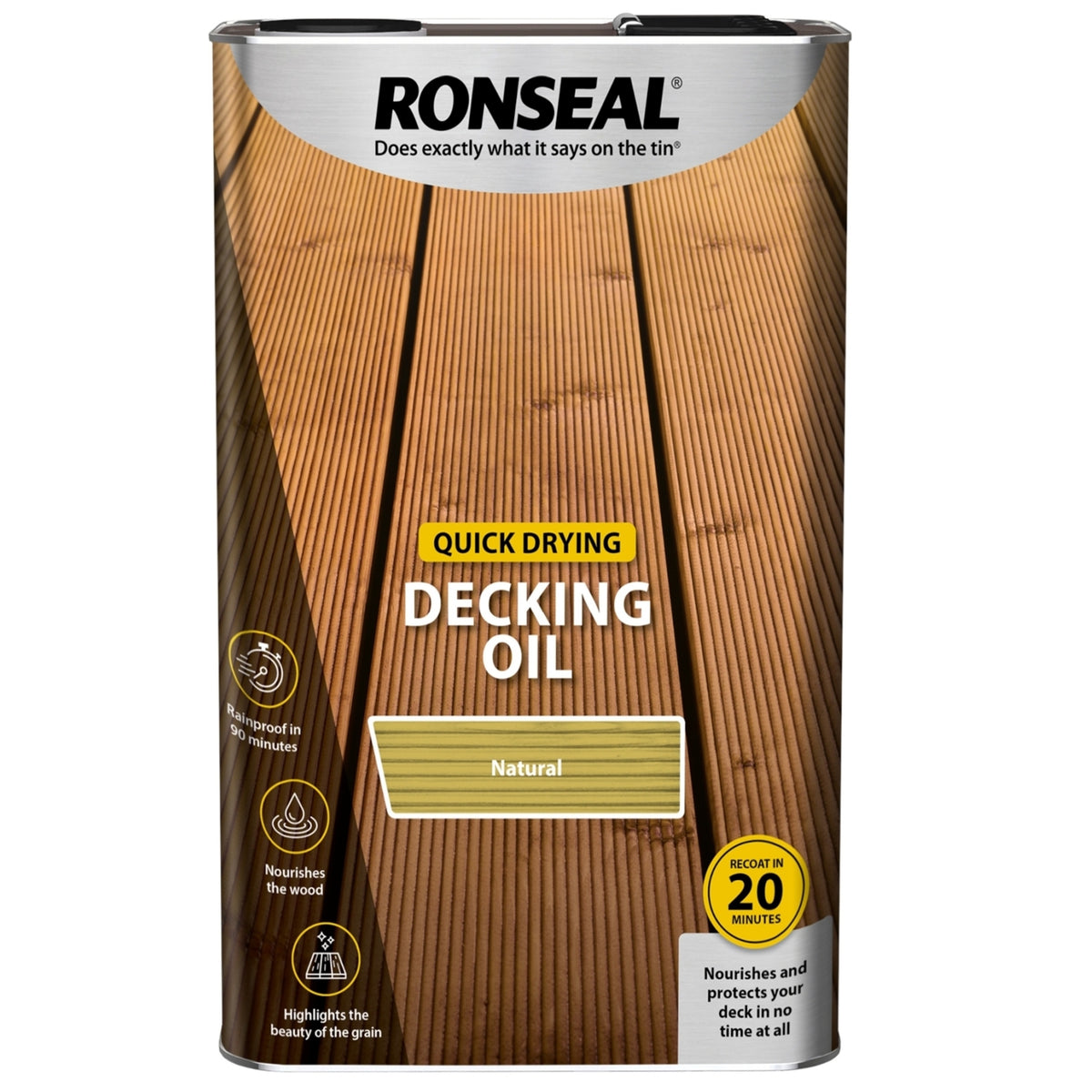 Ronseal Quick Drying Decking Oil Natural 5Ltr L10210 | Rainproof in 90 Minutes | Nourishes the Wood | Highlights the Beauty of the Grain | Recoat in 20 Minutes