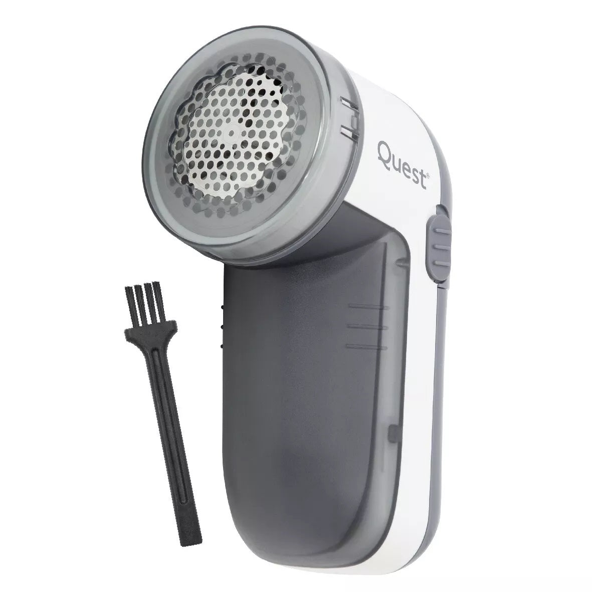 Quest Battery Operated Lint Remover Grey and White 39230 | Safety Power Cut Out | Blade Gaurd | 60ml Pill Container | Adjustable Height Cap | Cleaning Brush Included