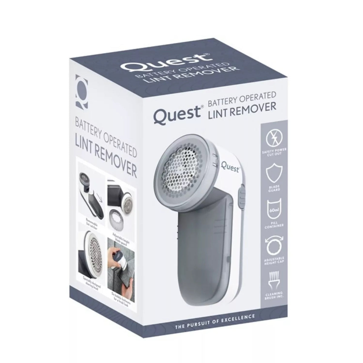 Quest Battery Operated Lint Remover Grey and White 39230 | Safety Power Cut Out | Blade Gaurd | 60ml Pill Container | Adjustable Height Cap | Cleaning Brush Included