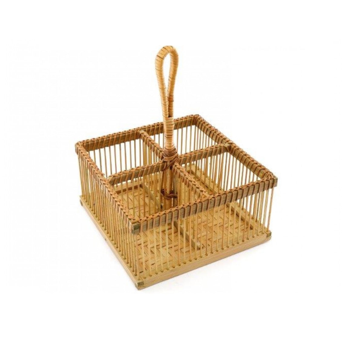 SiL Handwoven Natural Bamboo Wire Cutlery Holder with Handle Brown 200mm x 200mm 435g NI0971 | Rustic Utensil Organizer for Kitchen and Dining