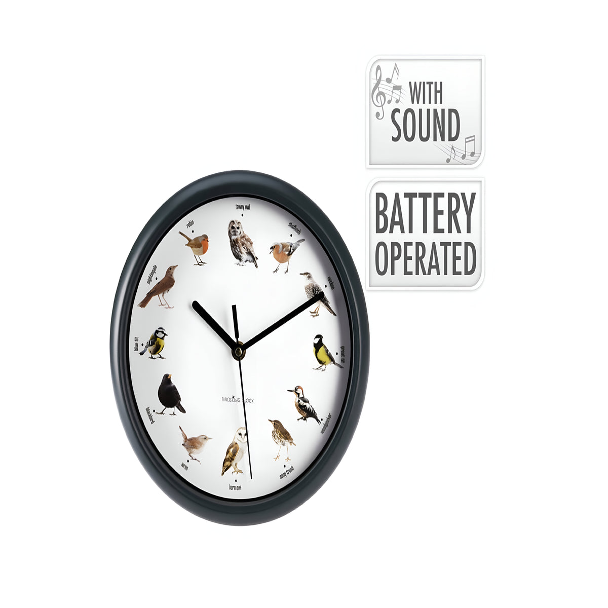 Round Wall Clock with Bird Sound Black 25cm 837165370 | Every Hour Different Bird Song
