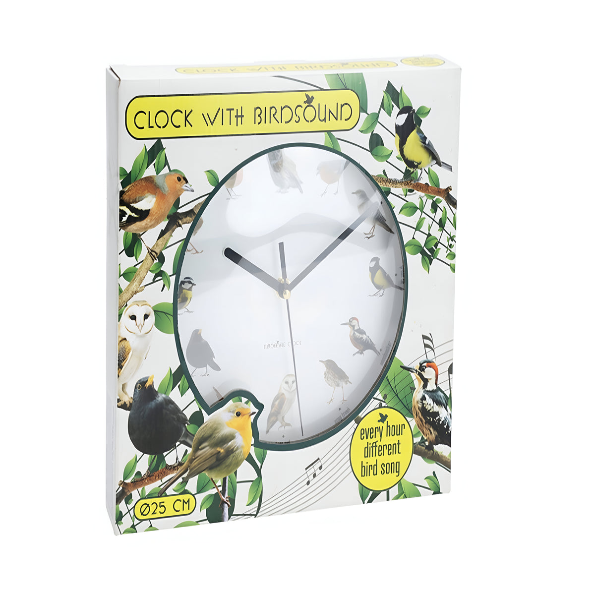 Round Wall Clock with Bird Sound Black 25cm 837165370 | Every Hour Different Bird Song